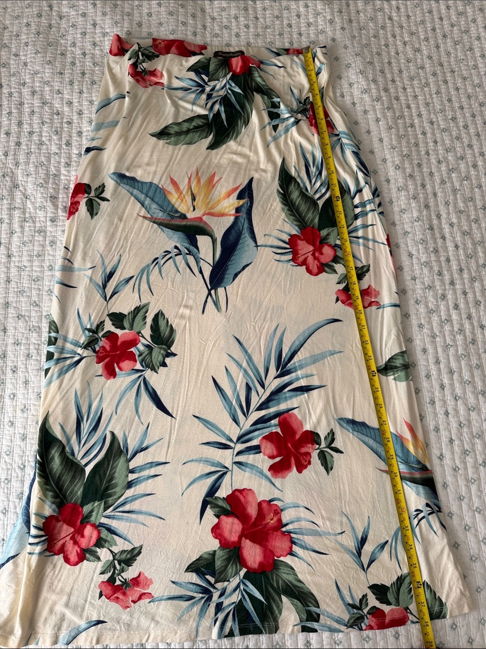 Tommy Bahama Cream Maxi Skirt with Red Hibiscus and Green Leaves